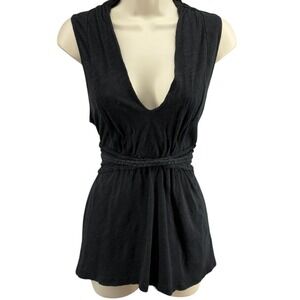 Delotta Black Plunge V Neck Draped Sleeveless Top Braided Waist Cotton M‎ Anthro